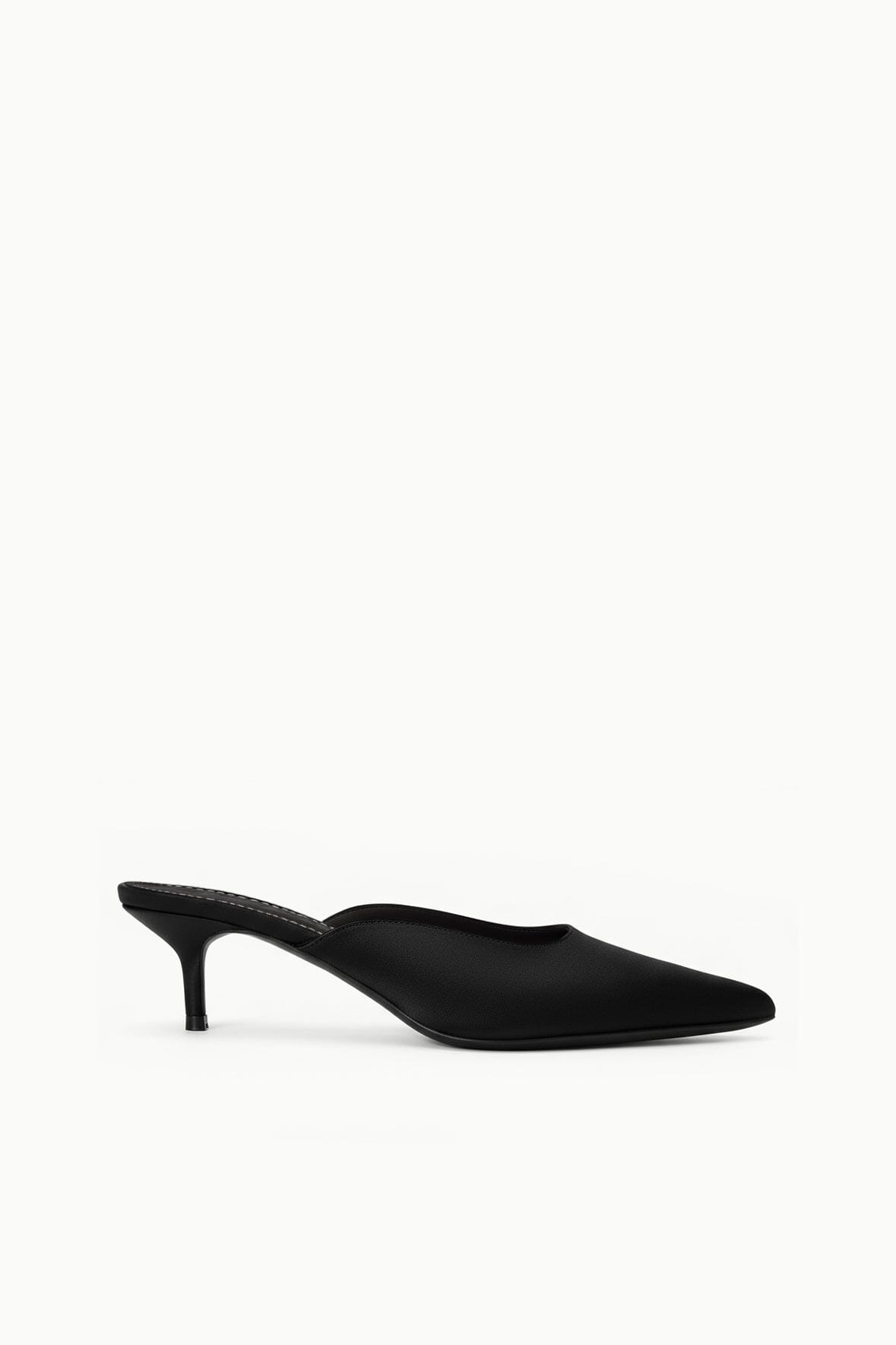 SEBASTIAN KITTEN HEEL MULE | BLACK SATIN